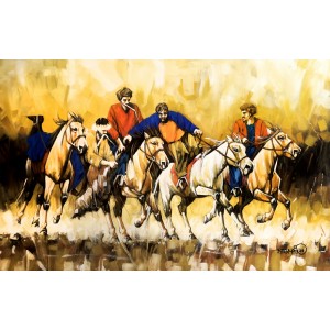 Momin Khan, 30 x 48 Inch, Acrylic on Canvas, Buzkashi Painting, AC-MK-137